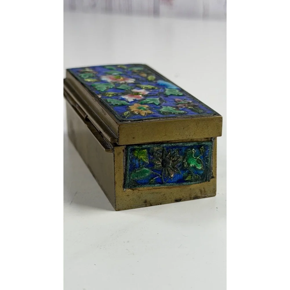 VTG Chinese Cloisonne Copper/Brass Enamel Floral Hinged Trinket Jewelry Box READ